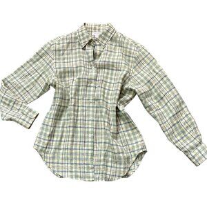Jones New York Sport S Linen Button Front Top Pale Yellow & Blue Plaid 178D